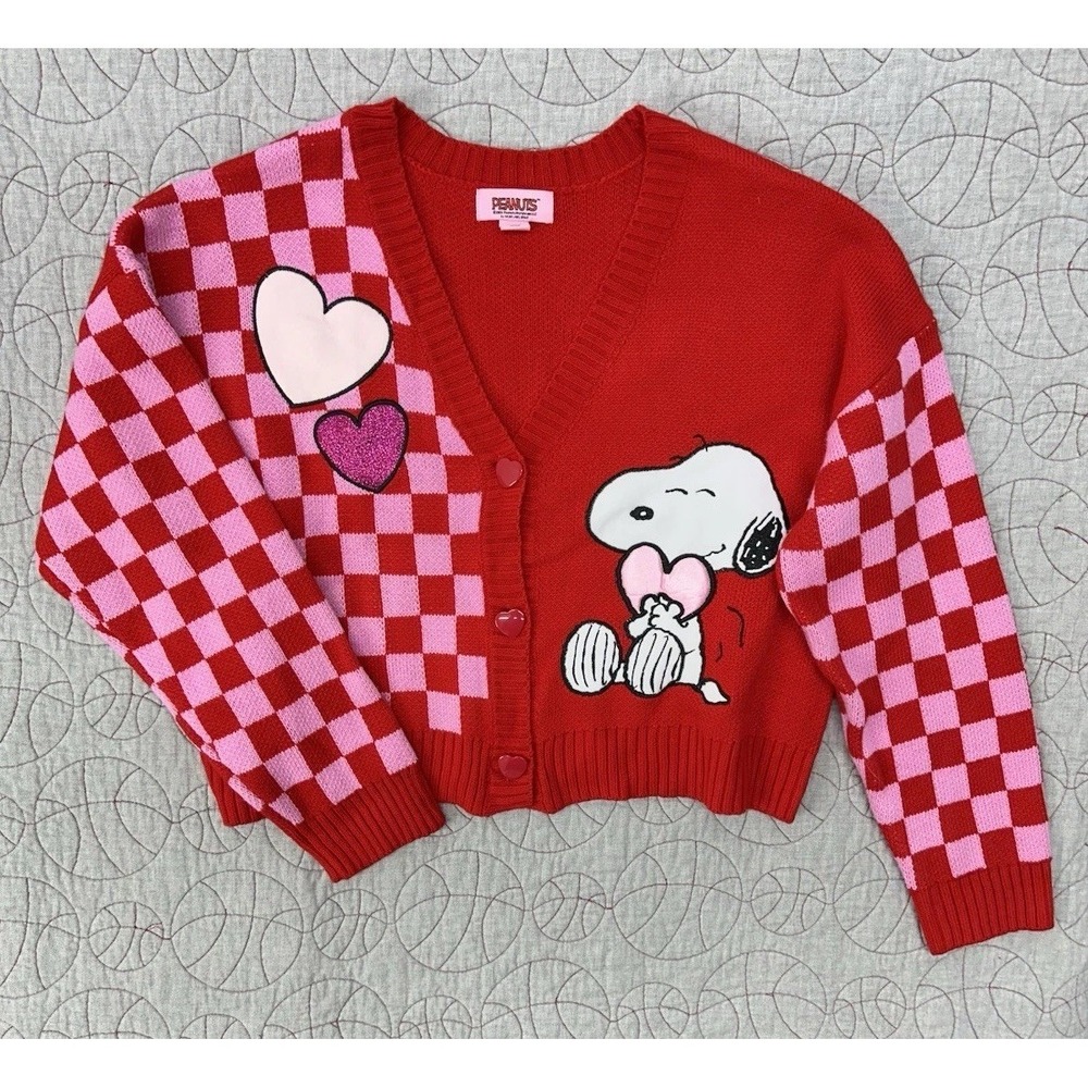 Peanuts Snoopy Red Pink Valentine's Day Cardigan Sweater Size XL V-Neck Button